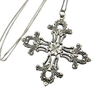 Vintage Italian Sterling Silver Large Ornate Maltese Cross 18" Chain Necklace